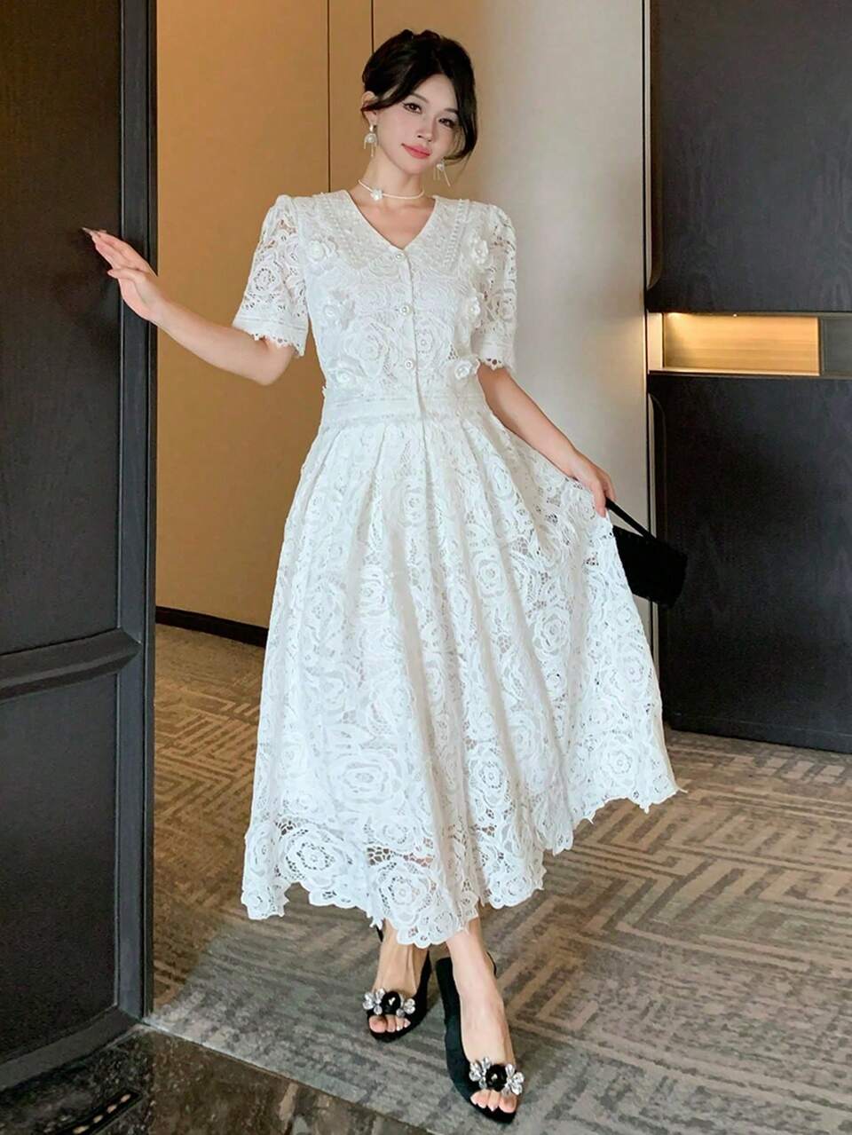 French Elegant Retro High-End Long Lace Skirt, Slimming V-Neck Short Sleeve Two Pieces Dress Set Summer Garden Party White