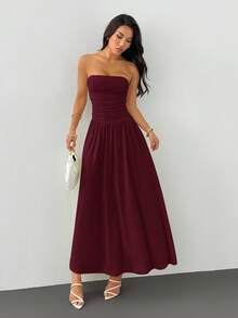 SHEIN PETITE Summer Elegant Solid Color Strapless Dress - Burgundy - View 6