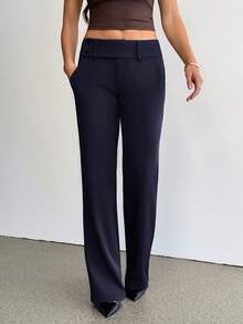 SHEIN Tall 女款時尚休閒優雅復古口袋喇叭褲，老錢風，商務辦公穿搭，返校季，海軍藍，秋季教師節 - 藏蓝色 - 查看 4