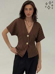 Aloruh 优雅蝙蝠袖双排扣条纹极简衬衫 - 白色 - 查看 5