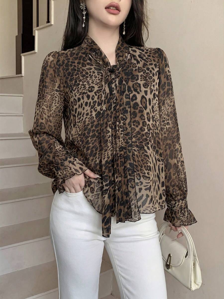 Modelyn 法式優雅風蝴蝶結長袖修身顯瘦優雅高貴粉色女款襯衫 - 彩色 - 查看 1