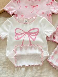 SHEIN LMoss Kids 女嬰夏季可愛花卉印花荷葉邊圓領短袖短褲休閒舒適貼身睡衣套裝 4件組 - 彩色 - 查看 5