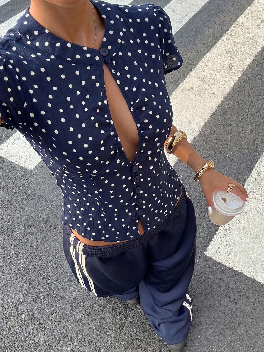 Muchica 女士波点镂空休闲百搭日常衬衫 - 藏蓝色 - 查看 1