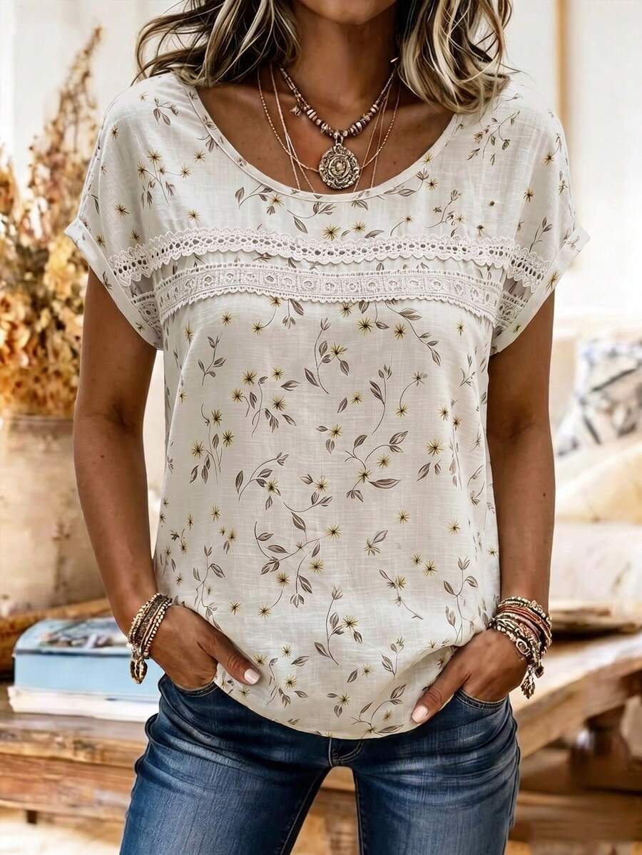 SHEIN LUNE CURVE Plus Size Woven Printed Summer Resort, Casual Boho Summer Women's New Style Shirt Vacation Beige - Apricot - View 1