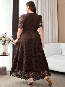 Reflora Plus Size Elegant Elegant Faux Pearl Button Decor Lace Patchwork Round Neck Dress - Brown - View 3