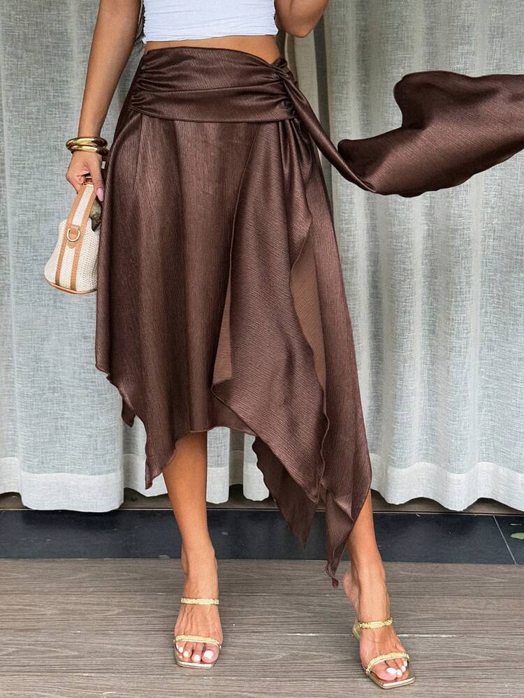 Solid Color Pleated Asymmetrical Hem Elegant Vacation Summer Women's Skirt