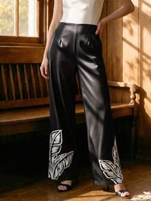 CAJUNI Women's Tropical Plant Print Elegant Satin Flare Pants Party Black And White Autumn - Black - View 5