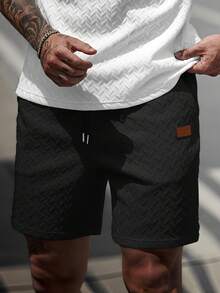 Manfinity CasualCool Men's Black Summer Casual City Break Trapezoidal Jacquard Mesh Fabric Shorts With Ribbed Collar & Drawstring,Designer Streetwear Textured Shorts - Black - View 3