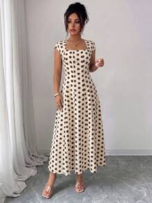 Vestido Midi Verde Oliva para Mujer , Cuello Cuadrado, Cintura Ajustada, Corte en A, Manga Corta, para Verano, Fiesta de Té, Trabajo, Playa, Vacaciones, Festival de Música, Cerveza - Albaricoque 2 - Ver 5