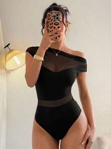SHEIN Raffinéa 女士高弹网纱面料修身单肩网纱拼接褶皱连体衣性感派对夜店装黑色连衣裙女士优雅派对连衣裙夏季服装女士连体衣上衣女士性感上衣女士上衣 - 黑色 - 查看 6
