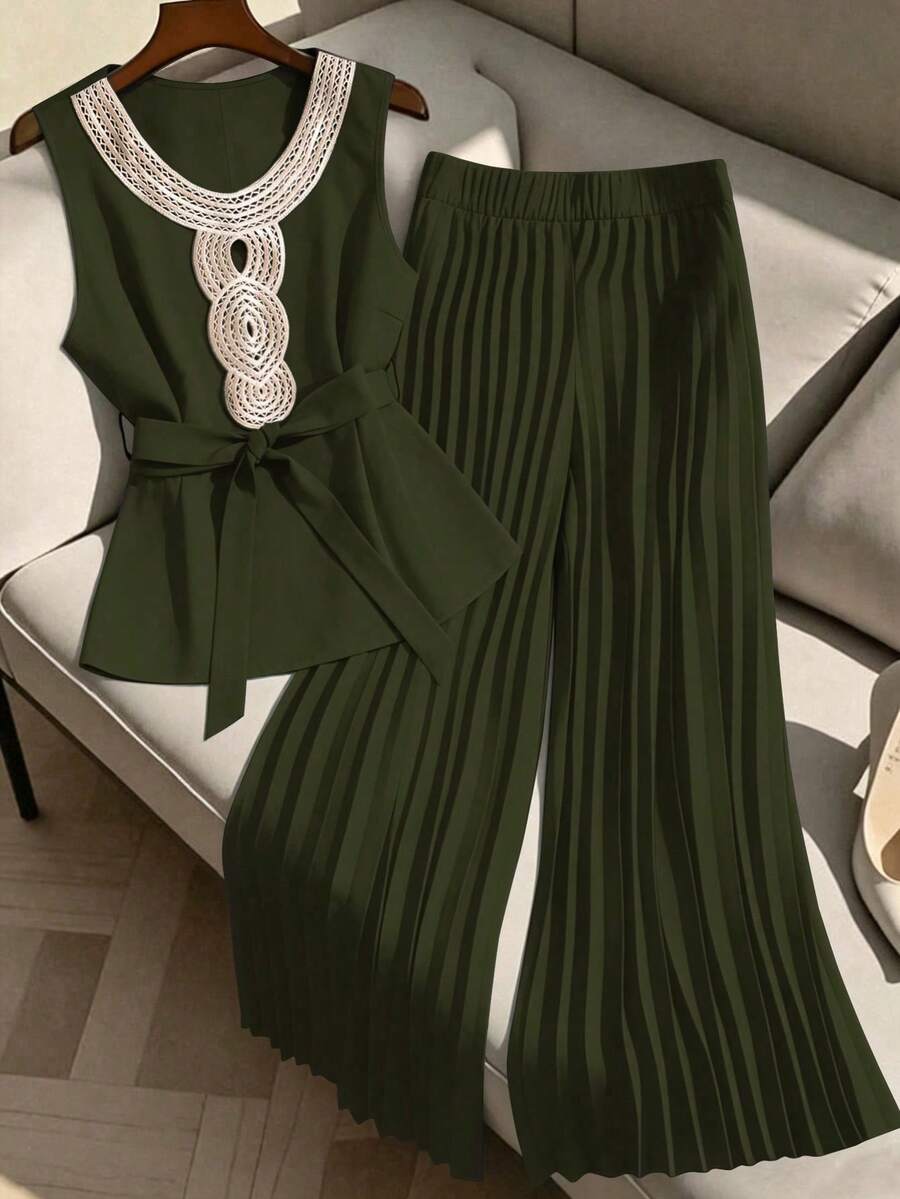 GlowEve CURVE Plus Size Women 2 Pieces Set: Sleeveless Blouse With Collar Ruffle And Pleated Pants - Army Green - View 1