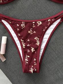 Costavie 夏季海灘女款兩件式套裝 刺繡亮片迷你杯雙肩帶上衣比基尼 雙繩泳褲 性感海灘度假泳裝套裝 - 紅色 - 查看 7