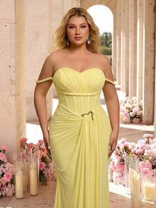 Glamrae Elegant Yellow High-Stretch Mesh Off-Shoulder Rope Asymmetrical Split Metal Decor Fish Tail Summer Formal Evening Heavy-Work Evening Gown For All - Yellow - View 6