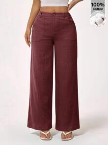 SHEIN PETITE 100% Washed Cotton Low Waist Straight Pants ,Petite Women - Brown - View 6
