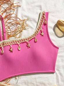 SHEIN Baju Renang Terusan Modis untuk Liburan Anak Perempuan Remaja dengan Hiasan Bintang Laut - Hot Pink - View 3