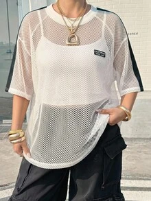 Muchica Plus Size Women Semi-Sheer White T-Shirt,Letter Graphic Dropped Shoulder Summer Grunge Everyday Casual Top,Y2k Beach Fashion, Party Festival - Black and White - View 6