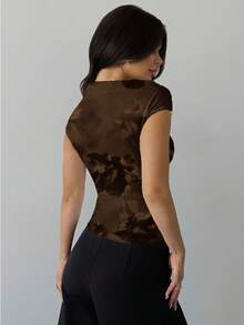 Firerie Women's Modest T-Shirts, Spring/Summer New Minimalist Elegant Daily Commute Date Night Asymmetric Shoulder Cross Wrap Metal Accessory Decor Slim Fit - Brown - View 4