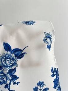 Elamini 夏季甜美可愛熱帶度假風白色與藍色碎花深V領繫帶蝴蝶結蛋糕迷你洋裝鄉村風浪漫 - 白色 - 查看 7