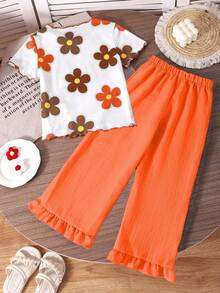 SHEIN Genkimix Kids Bộ quần áo bé gái áo thun ngắn tay họa tiết hoa viền bèo và quần dài màu trơn gấu bèo vân nổi - trái cam - Xem 2