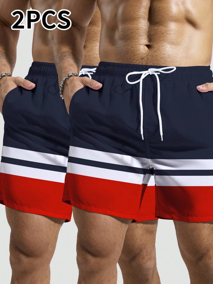 Surfspeed Men's Drawstring Waist Patchwork Color Casual Beach Shorts - Navy Blue - View 1