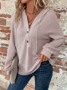 SHEIN LUNE Half Button Raglan Sleeve Drawstring Hoodie,Long Sleeve Tops Graduation,Back To School Outfits,Graduation,Teacher Outfits For Women,Back To School In Fall/Winter - Light Grey - View 3