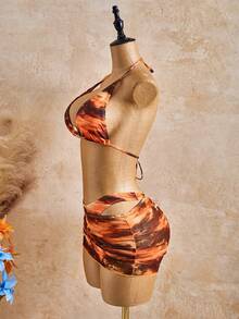 Bonvoyette Women's Printed Metal Decor Halter Triangle Bikini Top, Triangle Bikini Bottom And Ruched Swim Skirt Set - Multicolor - View 4
