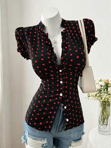 Sweetra Plus Size Fashion Versatile Minimalist Polka Dot Design Niche Elegant Sweet Short Sleeve Fitted Blouse - Black - View 5