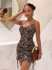 Slaydiva Summer Women's Leopard Print Spaghetti Strap Cowl Neck Backless Drawstring Ruched Fitted Mini Dress-E Club Beige Sexy - Multicolor - View 3