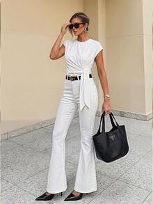 Selenza Celana Jeans Wanita Model Flare Kasual dengan Hiasan Rhinestone dan Kantong, Cocok untuk Pesta Malam di Klub, Warna Putih, dan Musim Panas. - Putih - View 9