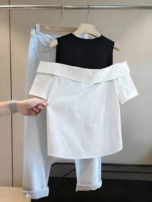 Franclia Casual Loose Round Neck Off-Shoulder Color Block 2 In 1 Short Sleeve Shirt - Black and White - View 2