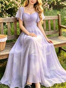 Modelyn 雙色花卉鏤空設計印花女款花卉洋裝，時尚方領百褶飄逸袖設計女裝，夏季收腰長款優雅洋裝，適合夏季度假、日常穿著 - 彩色 - 查看 3