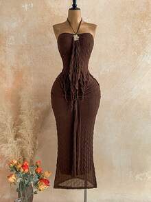 Soleia Women's Solid Color Metal Decor Ruffle Halter Top And Skirt Casual Daily Set - Brown - View 6