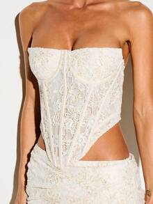 KIZN Strapless Lace Corset Crop Top With Boning Panels And Back Zipper Closure Floral Occasion - Apricot - View 3
