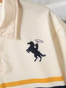 SHEIN 青少年男孩春夏季短袖長褲兩件套，時尚針織條紋動物印花 Polo 衫，休閒舒適大口袋長褲，戶外百搭男孩套裝 - 彩色 - 查看 7