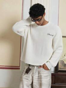 SWAVVY Standard Size Men's Letter Embroidery Dropped Shoulder Long Sleeve Casual Sweater - White - View 2