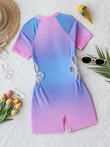 SHEIN 青少年女孩紮染短袖連身泳衣，適合海邊度假、泳池派對、海灘派對 - 彩色 - 查看 2