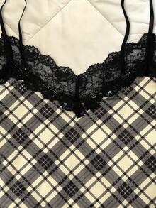 INAWLY Áo hai dây camisole nữ mùa hè phong cách Y2K New Millennium, họa tiết kẻ caro phối ren patchwork, dáng ôm tôn dáng, dễ phối đồ - Màu be - Xem 3