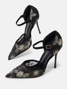 CUCCOO HITCHD Mesh Gold Thread Embroidered Pointed Back Empty Stiletto Sandals, New Chinese Style, Banquet High Heels - Black - View 7