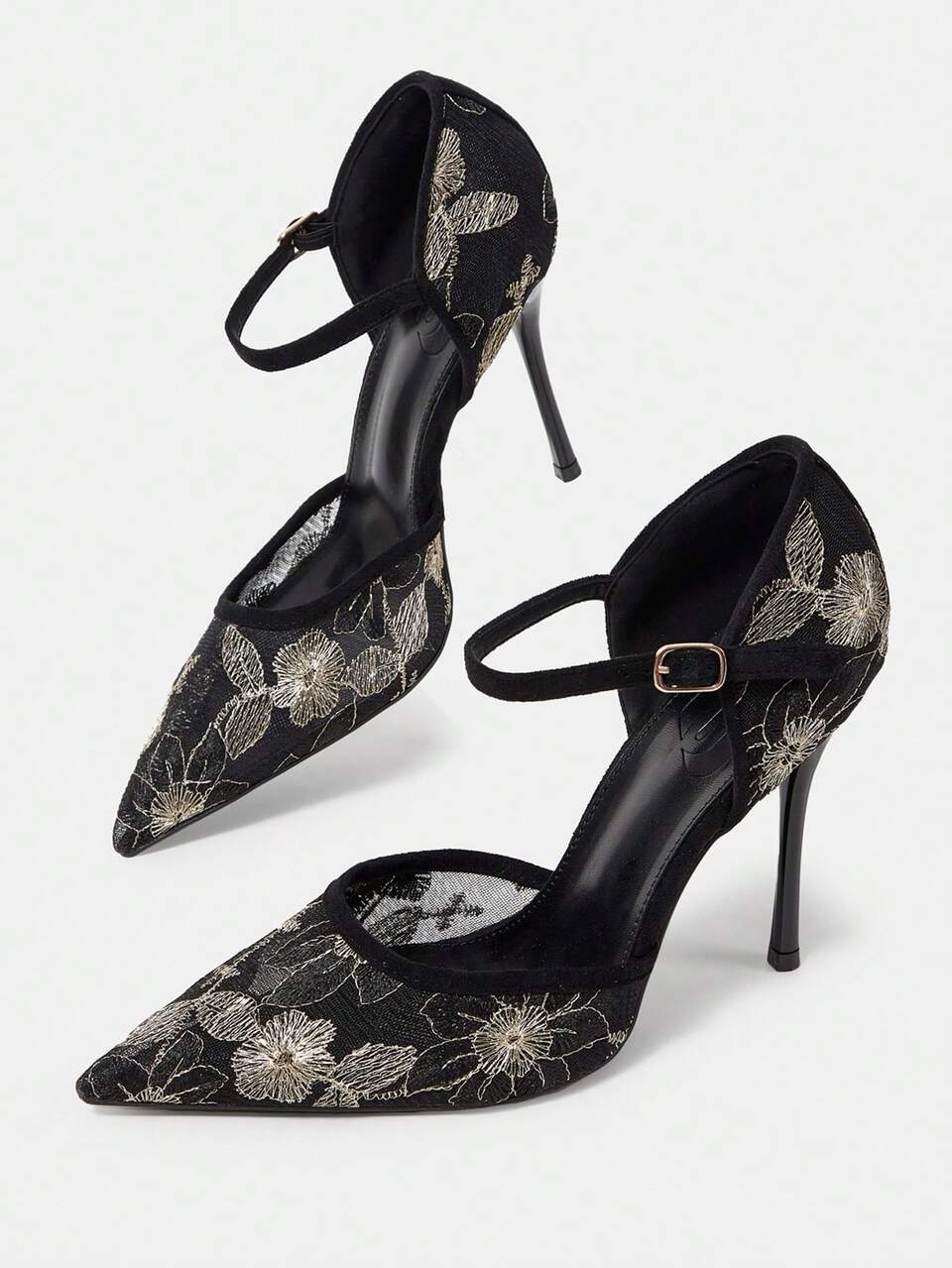 CUCCOO HITCHD Mesh Gold Thread Embroidered Pointed Back Empty Stiletto Sandals, New Chinese Style, Banquet High Heels