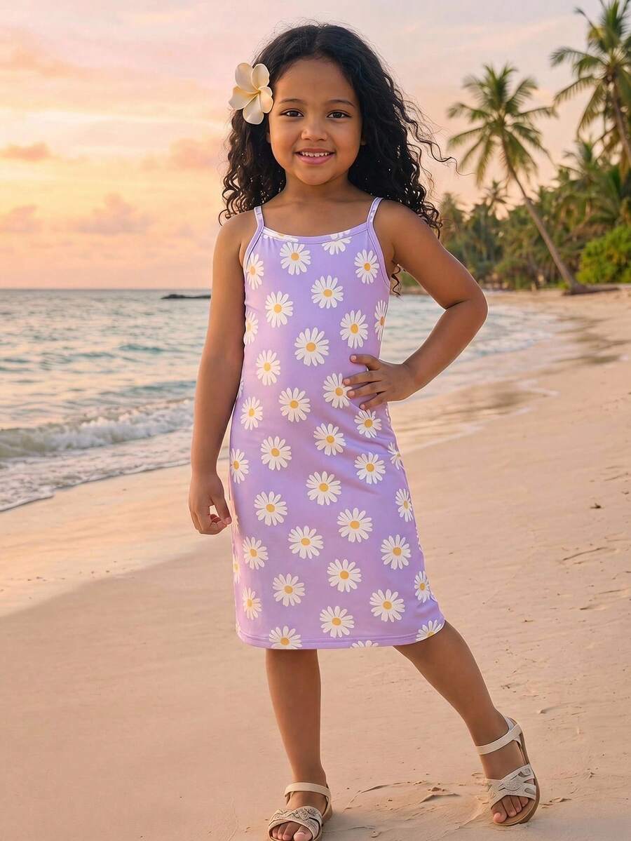 Young Girl Fashion Daisy Knit Print Purple Camisole Dress - Purple - View 1