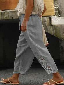 SHEIN LUNE CURVE Celana Panjang Kasual Ukuran Besar dari Katun Linen dengan Motif Patchwork dan Bordir Renda untuk Musim Gugur - Grey - View 1