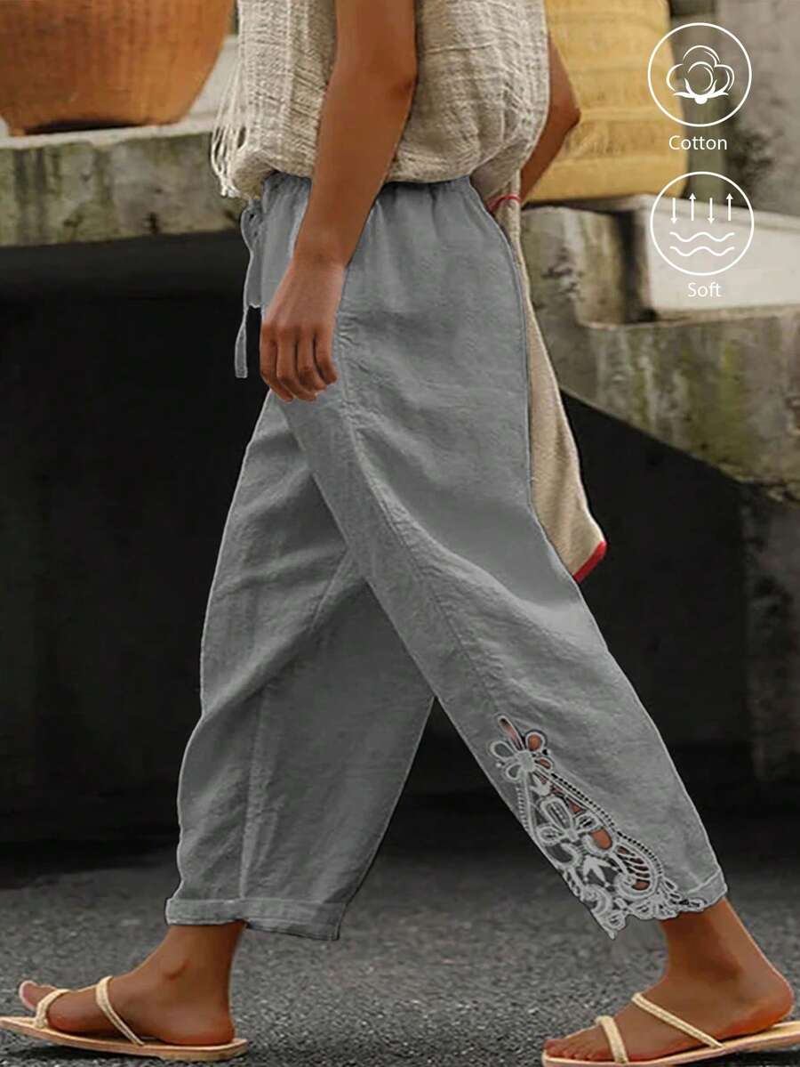 SHEIN LUNE CURVE Celana Panjang Kasual Ukuran Besar dari Katun Linen dengan Motif Patchwork dan Bordir Renda untuk Musim Gugur - Grey - View 1