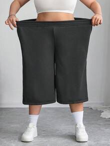 SHEIN CURVE+ 大尺碼休閒超寬版3/4長度運動短褲，春/夏，Curve Plus，Hoho度假款 - 深灰色 - 查看 7