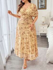 Modelyn Vestido de mujer de primavera/verano con estampado floral, amarillo pálido, de punto de malla, cuello en V, cintura ceñida, talla grande - Amarillo claro - Ver 4