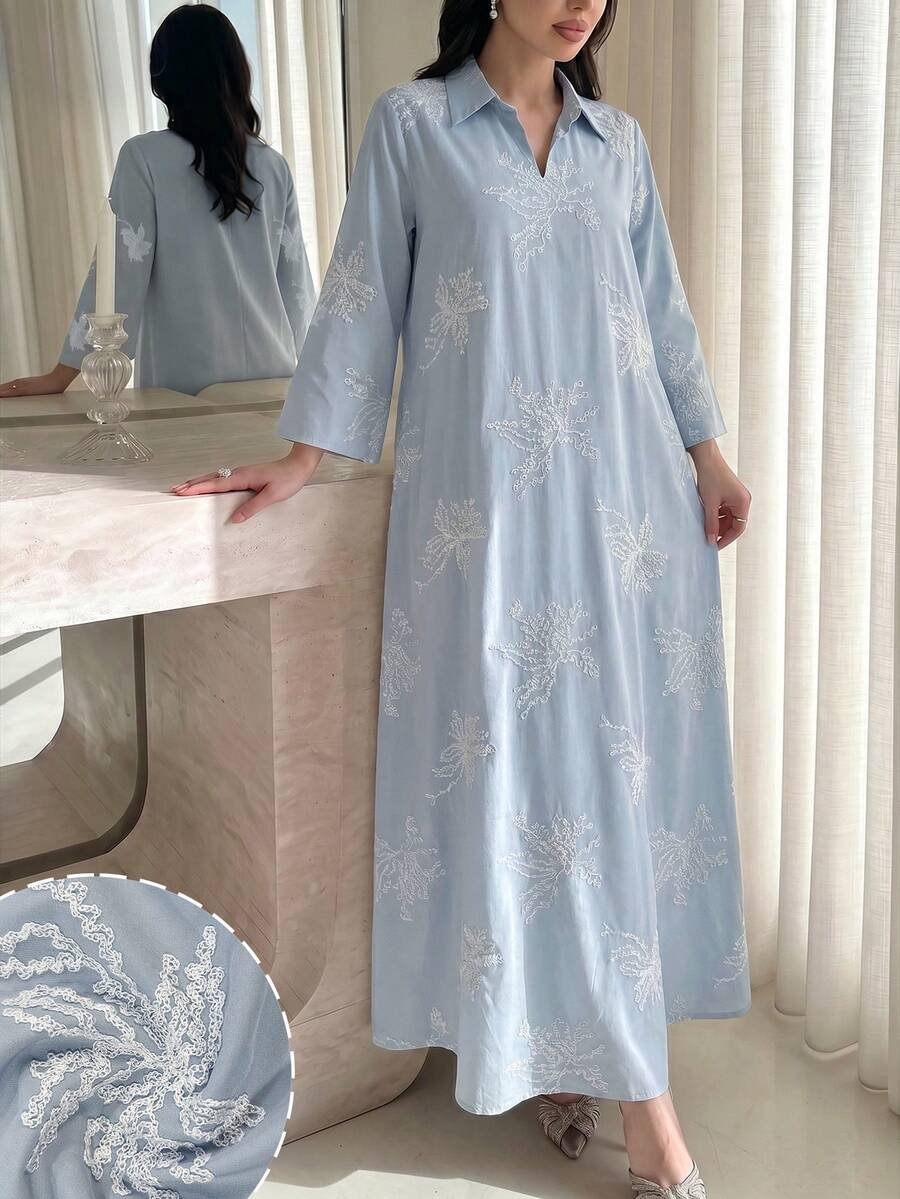 Al Najma 翻領鏤空刺繡休閒洋裝
