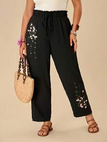 Travachic Plus Size Women's Floral Print Pleated Casual Traditional Boho Versatile Daily Travel Bussines Vacation Long Pants Black And White Autumn Fall - Black - View 6