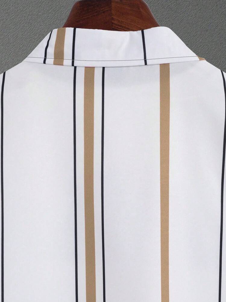 Manfinity Homme 2 st/set herrrandiga kortärmade enkelknäppta skjortor och shortsset för män, sommar, mysiga outfits - Kaki - Visa 3