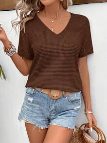 SHEIN Frenchy Camiseta casual de verano de unicolor con textura y patchwork - Marrón - Ver 6