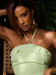 NYA SZN Anika Top Monstera Plant Floral Linen Look Embroidered Beach Vacation Poolside Yatch Brunch Casual Sexy Outfits For Women Sage Green Summer - Green - View 3