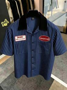 Manfinity Hypemode Camisa de manga corta a rayas de estilo americano para hombres - Azul Marino - Ver 1